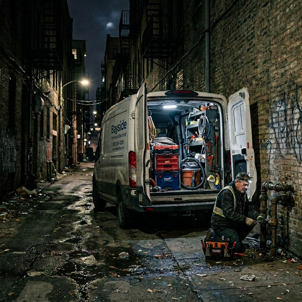 Plumber repairing outdoor pipes beside a van with open rear doors in a dark alley