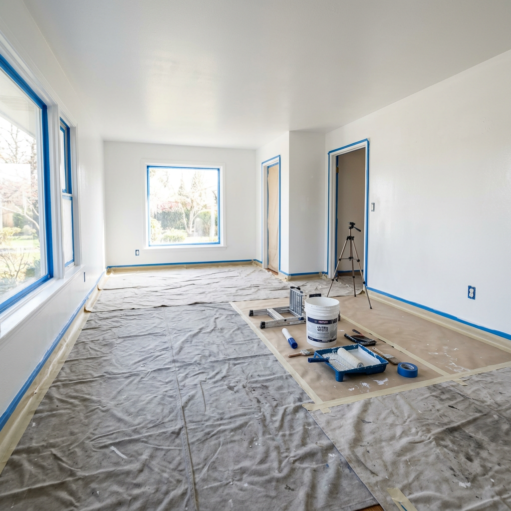 Empty room with windows taped and covered floors, painting supplies on ground